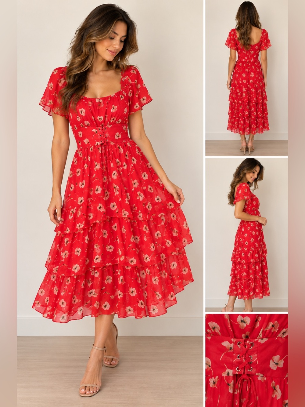 Ember Red Floral Milkmaid Corset Midi Dress | Size Small | NWOT